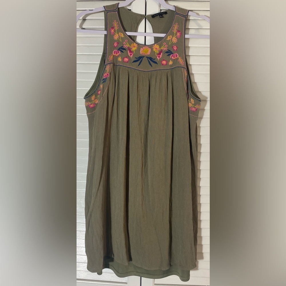Staccato Floral Embroidered Olive Green Sleeveless Dress, Size M Anthropologie